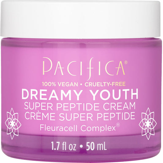 Pacifica Beauty, Dreamy Youth Super Peptide Daily Crema Facial Crema Hidratante, fabricada con células madre florales y péptidos, para todos los tipos de piel envejecida, sin silicona, cuidado de la piel limpia, vegano + libre de crueldad