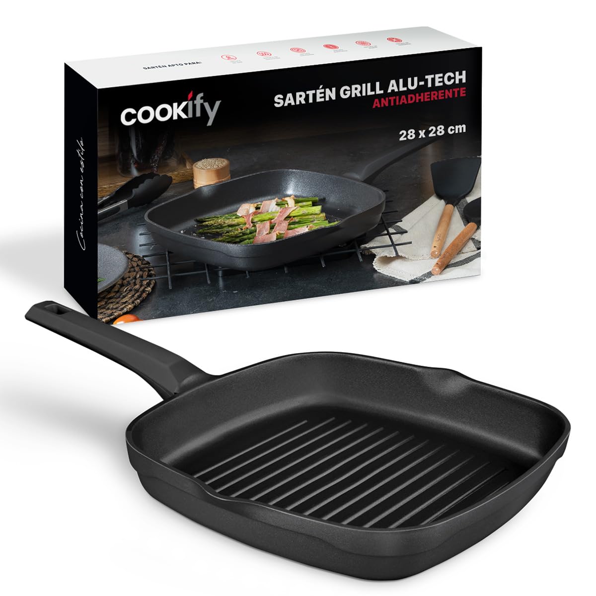 Sartén de Aluminio Cookify Negro con Revestimiento Antiadherente de Grill 28 cm