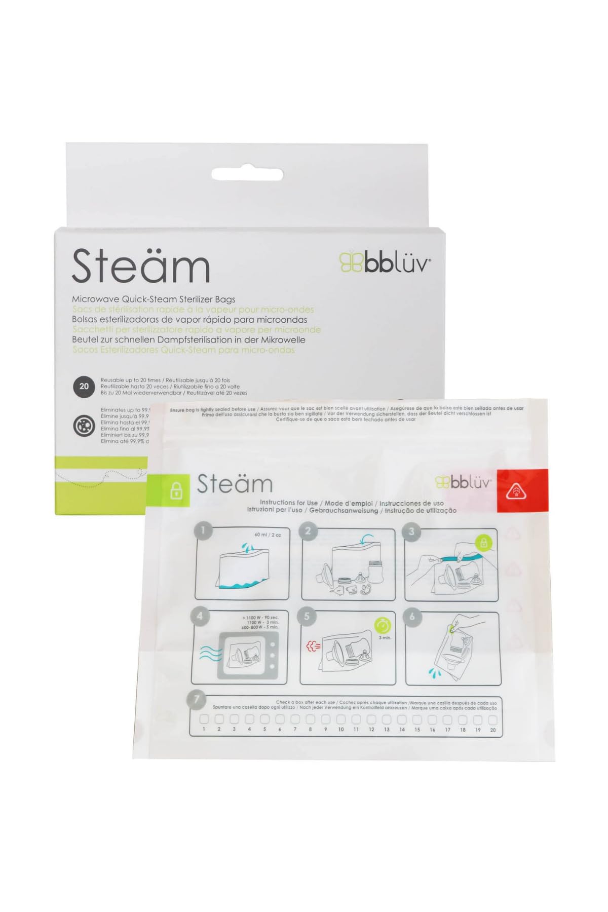 bblüv Steäm - Limpiador de biberones de microondas por vapor, 120 usos por paquete, reutilizable, sin BPA, limpiador de biberones, rápido y fácil