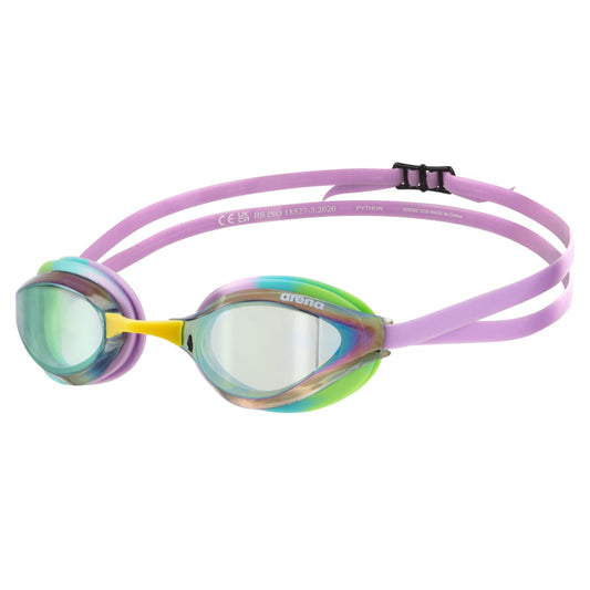 ARENA - anteojos de natación unisex para adultos, para hombres y mujeres, lentes de espejo antivaho, máxima comodidad, doble correa, verde/violeta/verde
