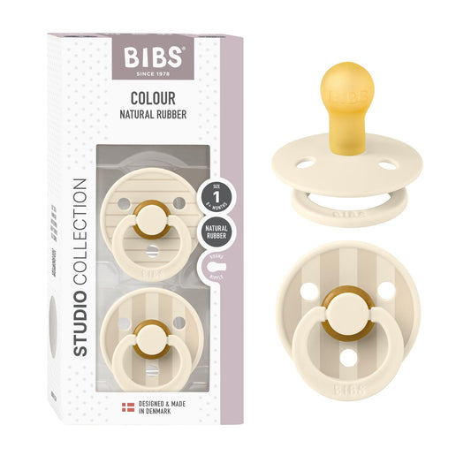 BIBS Chupones Studio Pin Colour Pack de 2, Tetina redonda de látex natural, Talle 1, Color Ivory/Steel Blue Mix, 0 a 6 meses, Hecho en Dinamarca
