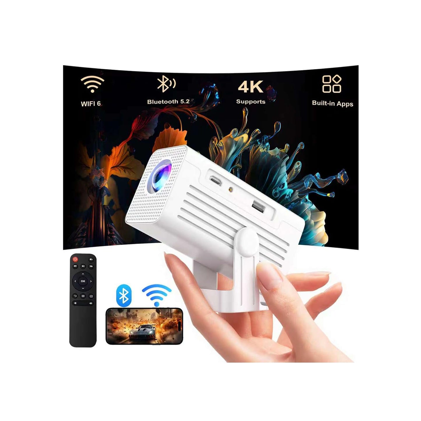 Mini proyector WiFi y Bluetooth Compatible con 1080P, con apps integradas. Admite Pantalla de 150 Pulgadas para Uso Exterior, corrección Trapezoidal automática y Corta Distancia Focal.