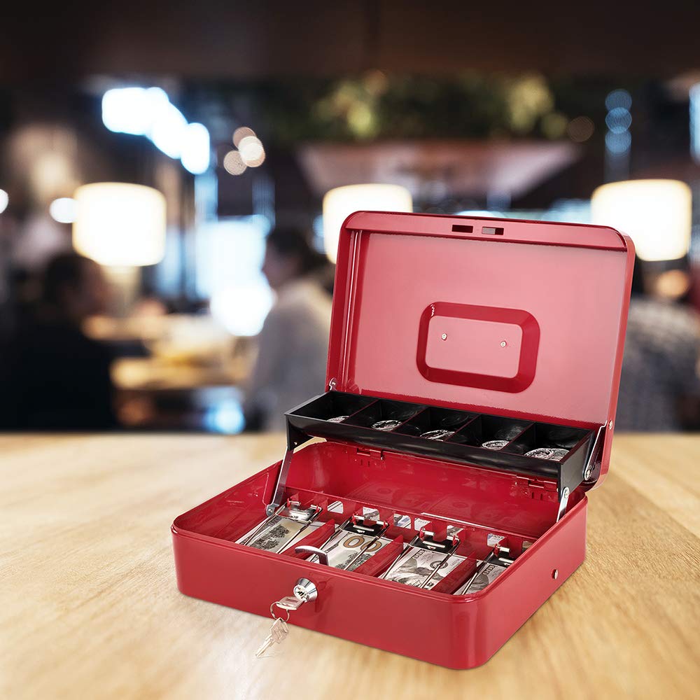 Caja de dinero con bandeja para dinero y cerradura de llave, caja fuerte grande de metal con bandeja para monedas en voladizo, caja de bloqueo para dinero de 11.8 x 9.4 x 3.5 pulgadas, color rojo