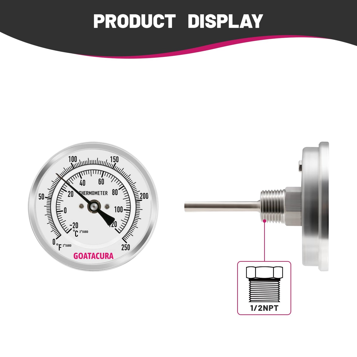 GOATACURA Termómetro bimetálico, acero inoxidable completo, tamaño de esfera de 3 pulgadas, vástago de 2-1/2 pulgadas, montaje trasero NPT de 1/2 pulgadas, 0-250 grados F/-20-120 grados C, 1%