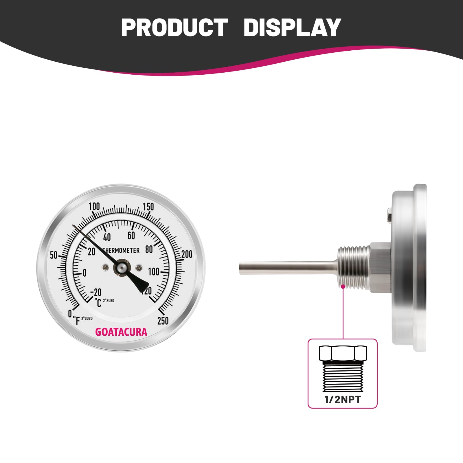 GOATACURA Termómetro bimetálico, acero inoxidable completo, tamaño de esfera de 3 pulgadas, vástago de 2-1/2 pulgadas, montaje trasero NPT de 1/2 pulgadas, 0-250 grados F/-20-120 grados C, 1%