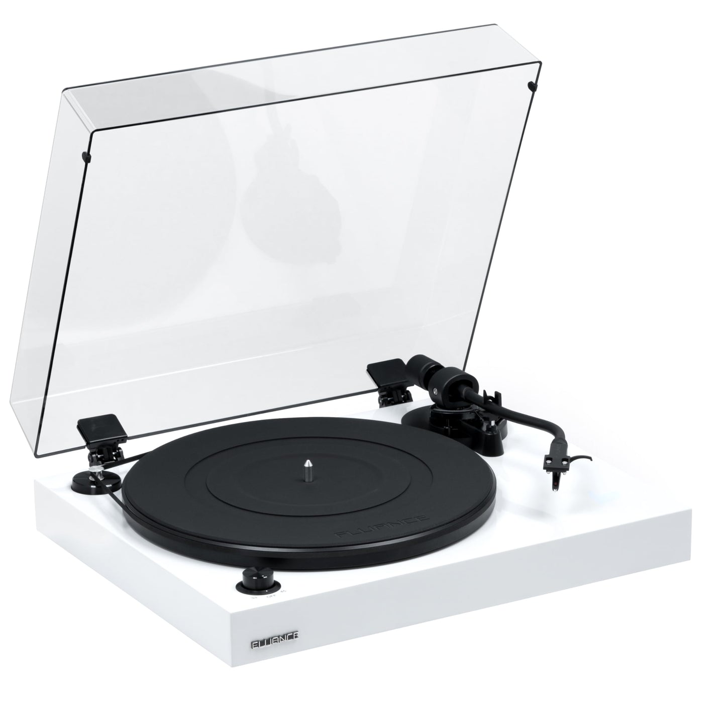 Fluance RT82 - Tocadiscos de vinilo de alta fidelidad con cartucho Ortofon OM10, motor de control de velocidad, zócalo de madera MDF de alta masa, pies de aislamiento de vibraciones, blanco piano