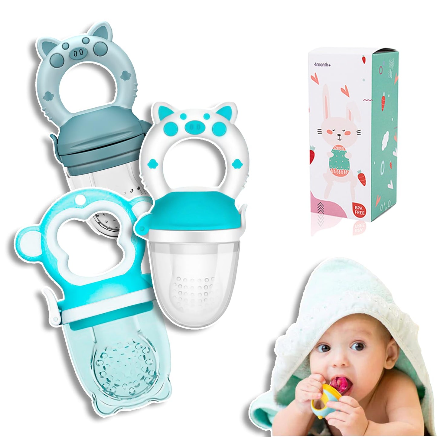 Chupón Para Fruta Y Papilla Sweet Baby Azul Blanco Celeste con Seguro Y Tapa Dibujos Animados, Libre de BPA