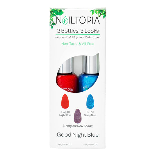 Nailtopia Good Night Blue: 2 Bottles, 3 Looks - All Natural, Vegan, Strengthening Biotin and Superfood-Infused Polish - Chip Resistant Formula - Quick-Dry, Long Lasting Wear - 2 pc