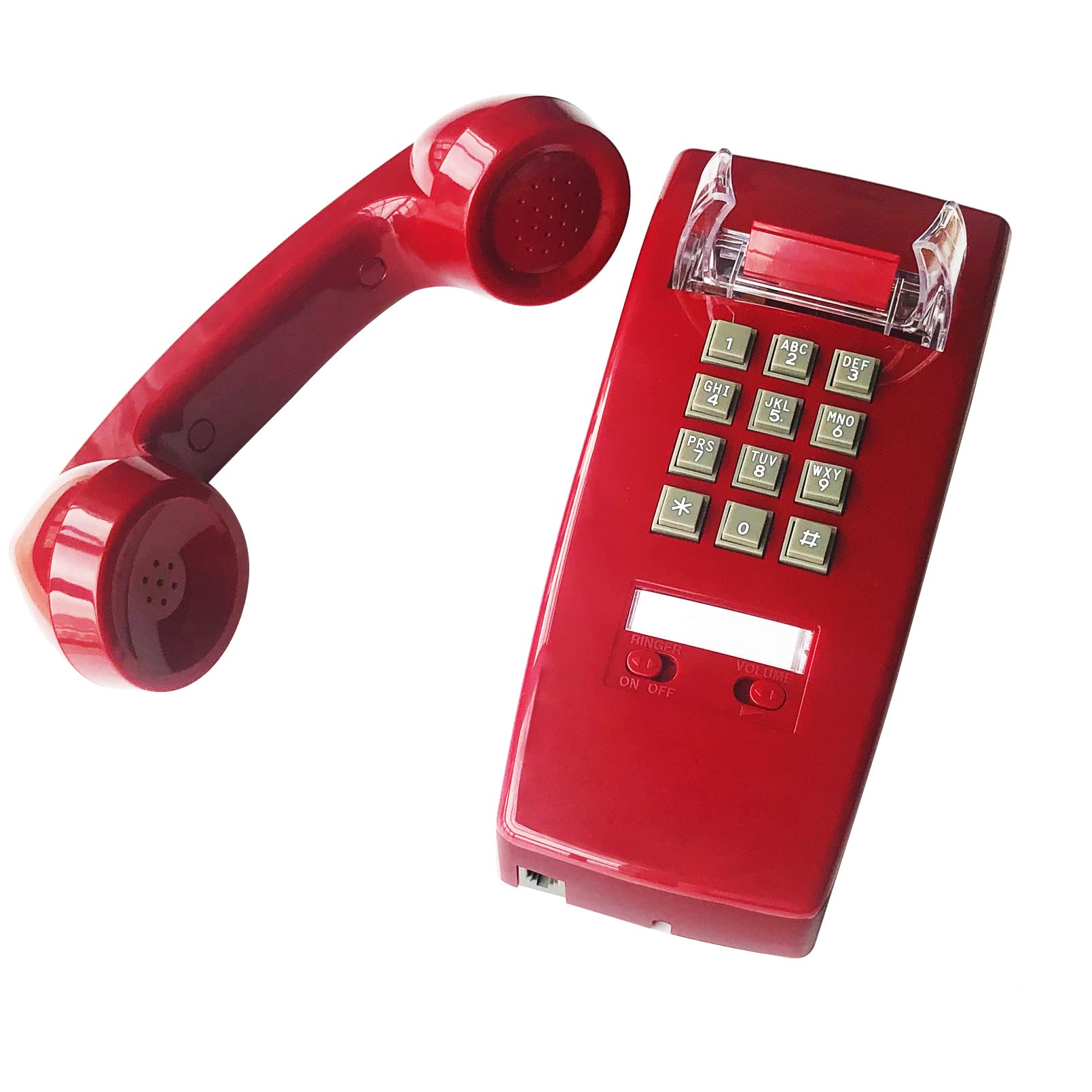 Teléfono de pared rojo, teléfono fijo montado en la pared, teléfono de pared clásico chapado en pared de plástico para hogar, oficina, hotel, cabina de teléfono, teléfono analógico antiguo ajustable
