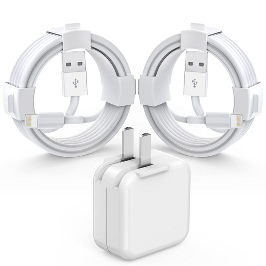 IOSYS Cargador para iPad/iPhone, Bloque de carga rápida con 2 cables USB a Lightning de 6.6 pies, 12 W, Plegable, Certificado MFi, Compatible con iPad Pro, Air, Mini, iPhone y más