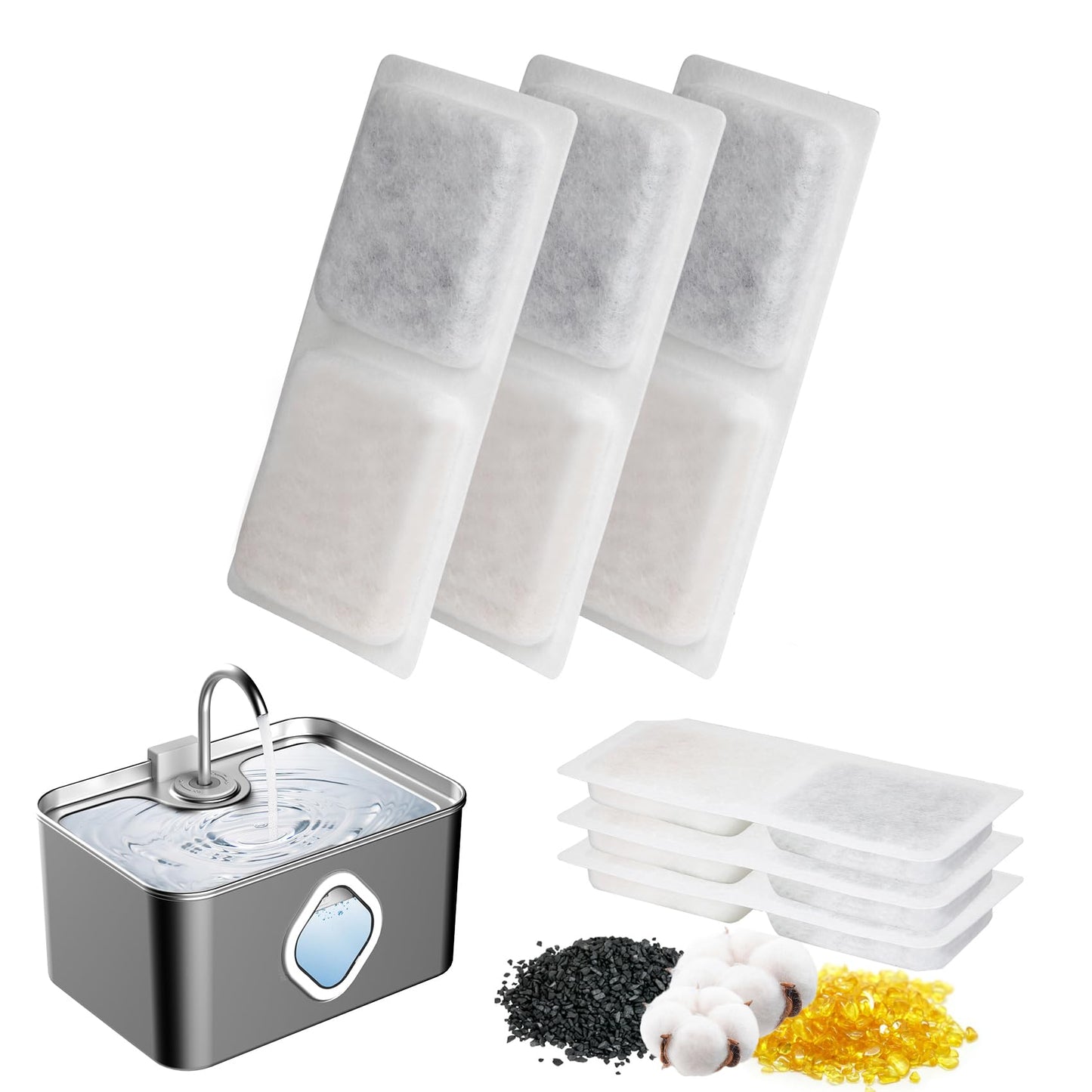 LINGDOK - Juego de 3 filtros de fuente de agua para perros y esponjas de repuesto para prefiltro, reemplazo de filtro de fuente para mascotas de 4 capas, filtro de agua para gatos para dispensador de