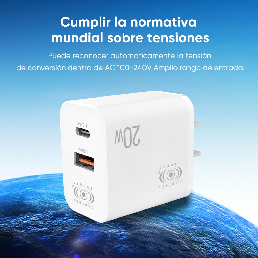 CONTROL EXPERT Turbo Cargador Tipo C y USB 2 Puertos 20W Cable 1 Metro 3A Cargador de Pared PD Cargador USB C con 2 Puertos (Blanco)