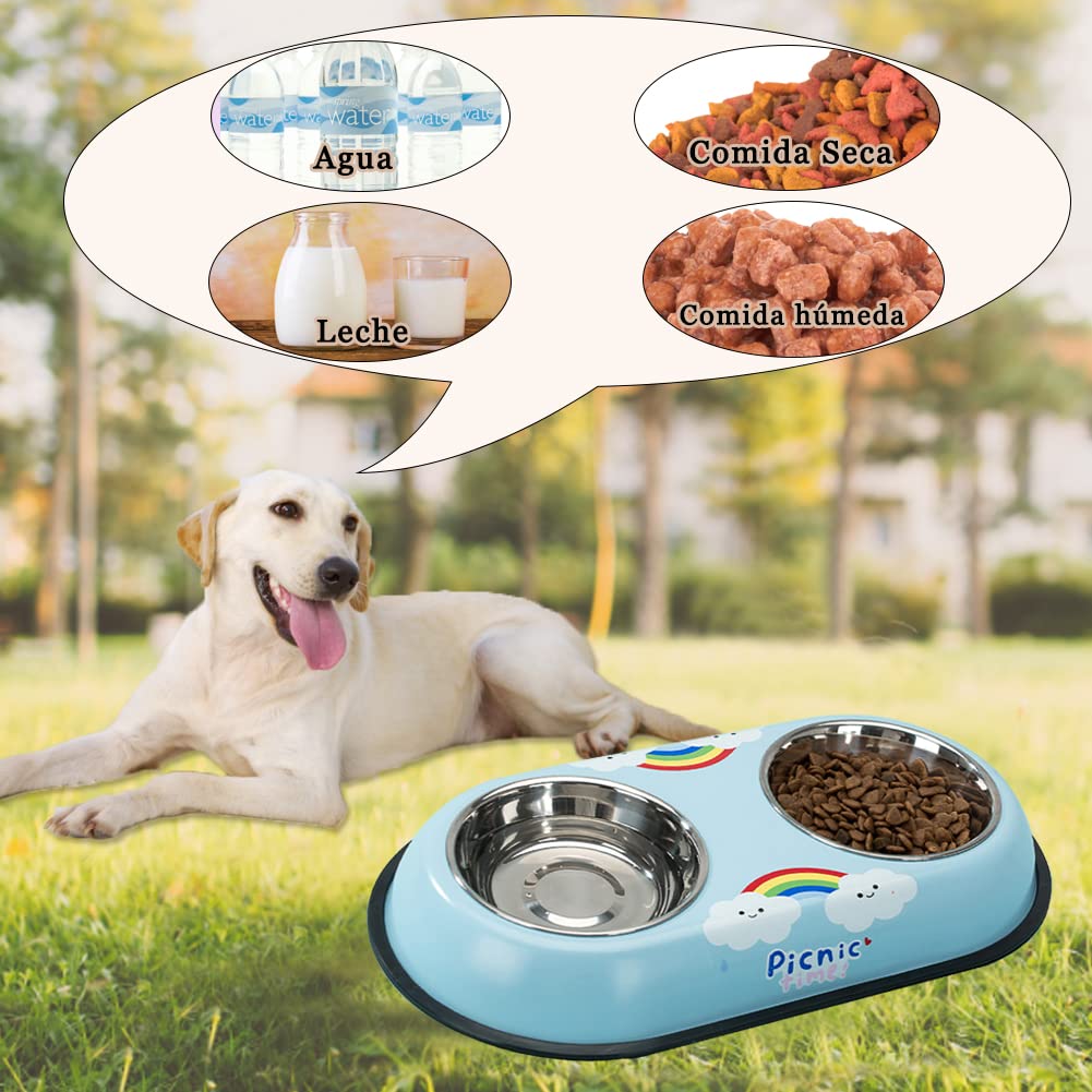 Platos REKOBON Azul de Acero Inoxidable Antideslizantes con Dibujos Animados para Mascotas Pequeñas y Medianas