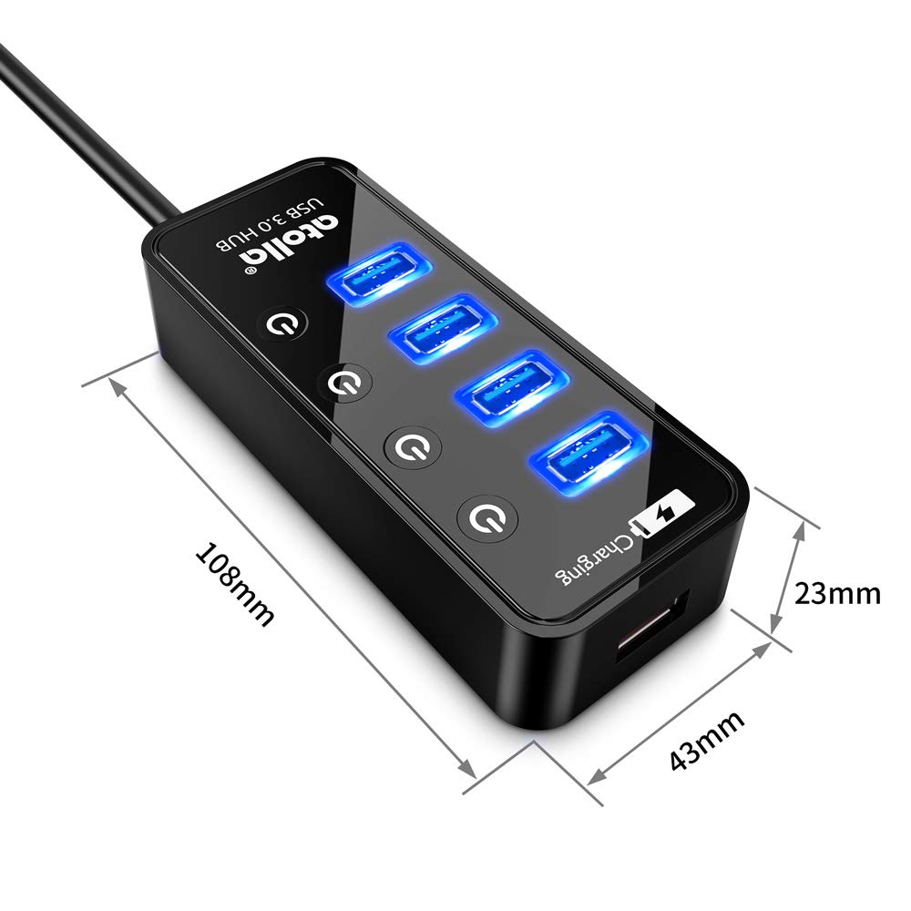 ATOLLA Hub USB 3.0 5 en 1, 4 Puertos Super Speed 5Gbps Multi USB Hub con Interruptor Independiente con 1 Puerto de Carga USB (Longitud del Cable 0,6 Metros, sin Adaptador de CA)