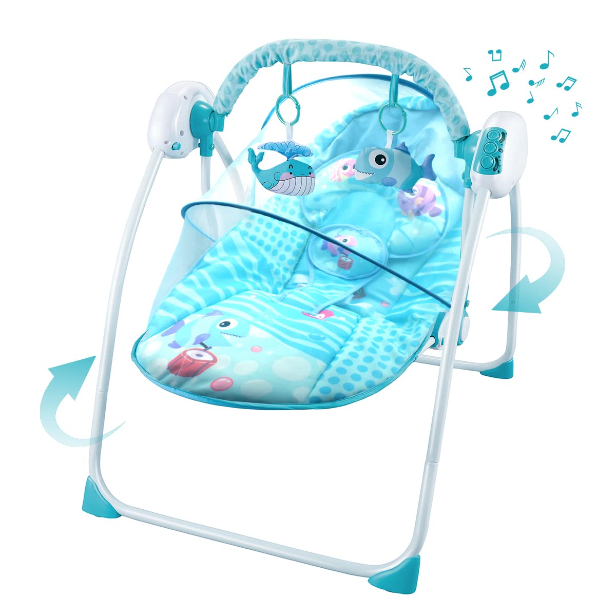 Silla Mecedora Eléctrica Raganet Azul con Control Remoto y Mosquitero para Bebés