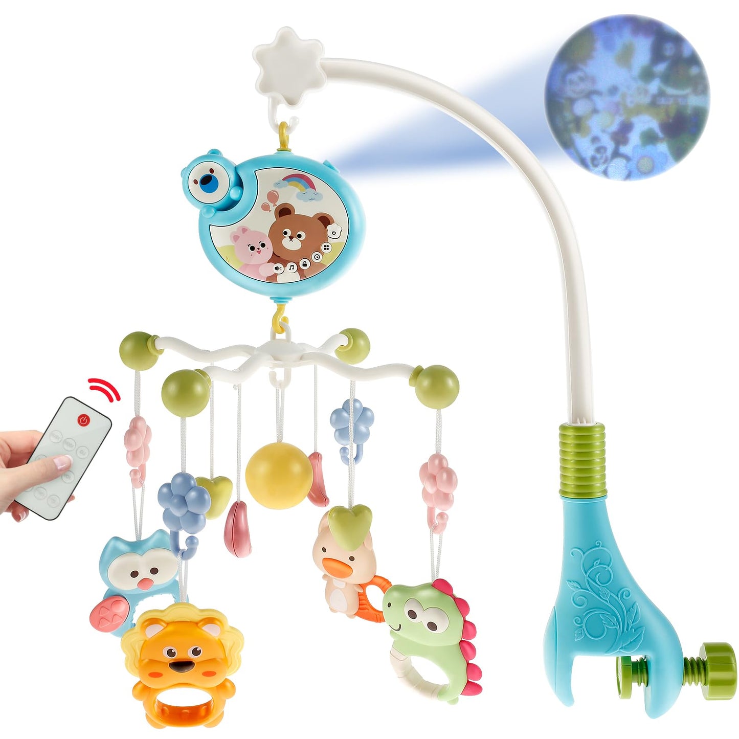 Móvil Musical Montessori Azul con Luces Nocturnas y Rotación de 360° para Bebé