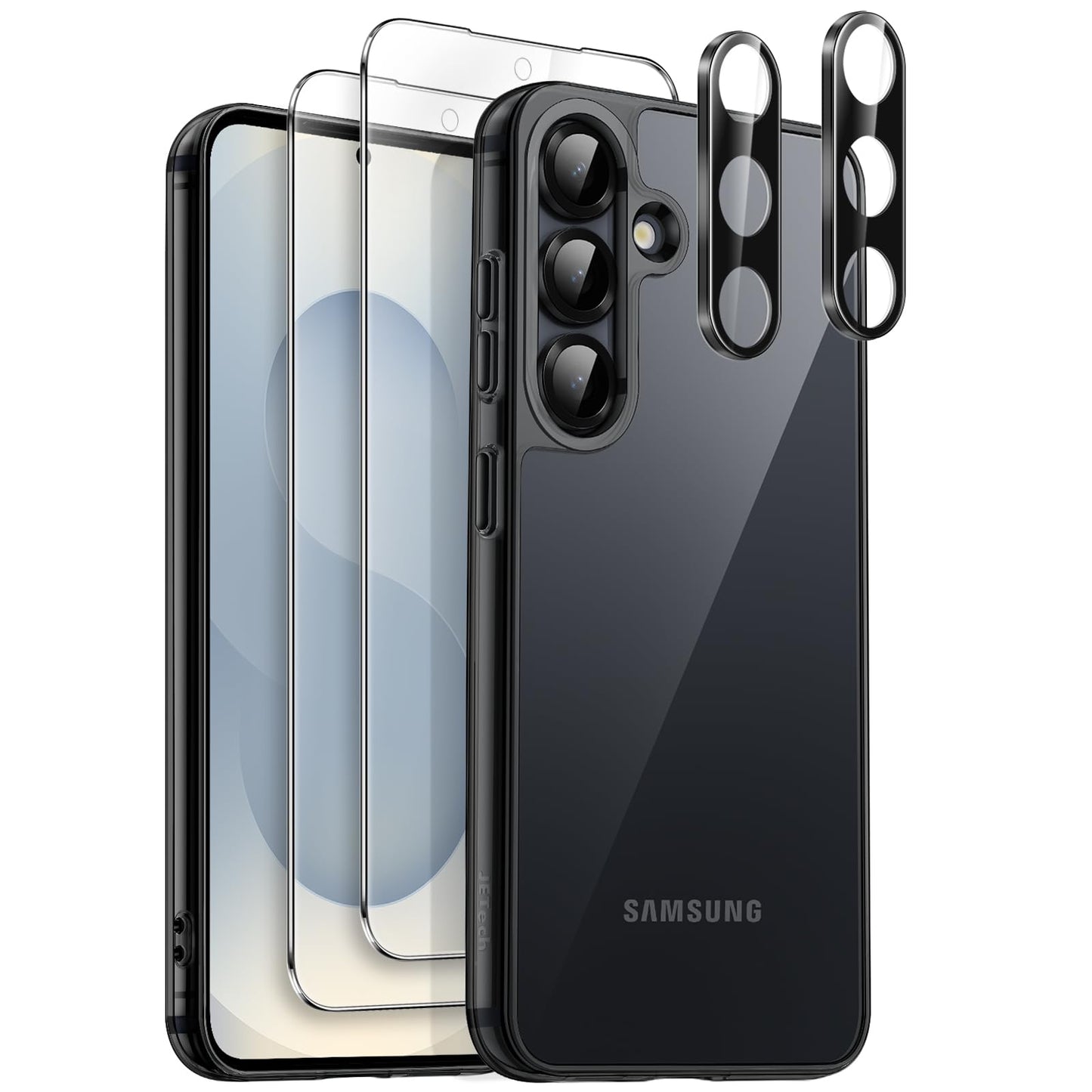 JETech 5 en 1 Funda para Samsung Galaxy S25+ / S25 Plus 5G con 2 Protector Pantalla Mica Cristal Vidrio Templado y 2 Protector Lente Cámara, Carcasa Anti-Amarillo Antigolpes (Negro)