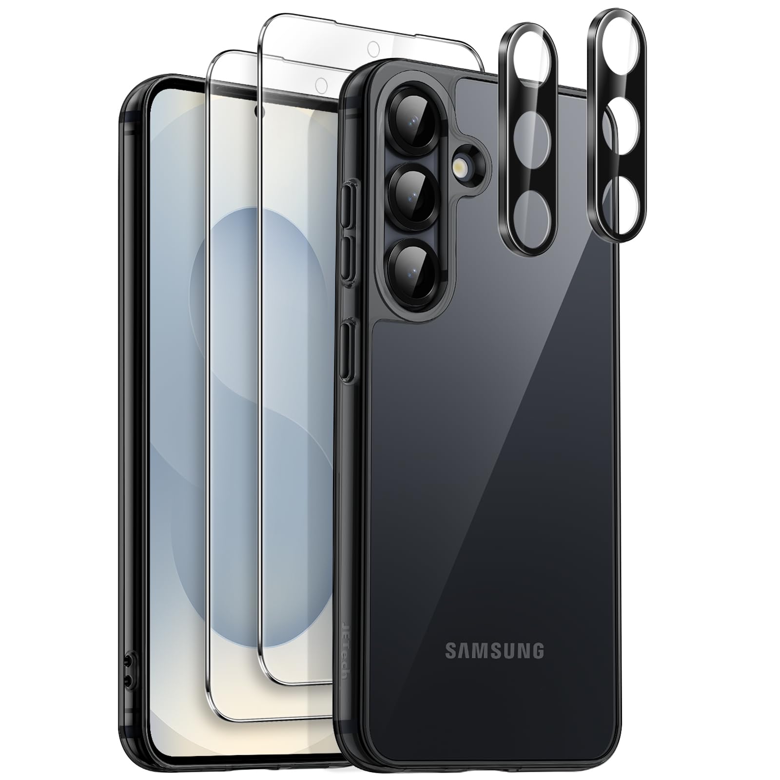 JETech 5 en 1 Funda para Samsung Galaxy S25+ / S25 Plus 5G con 2 Protector Pantalla Mica Cristal Vidrio Templado y 2 Protector Lente Cámara, Carcasa Anti-Amarillo Antigolpes (Negro)