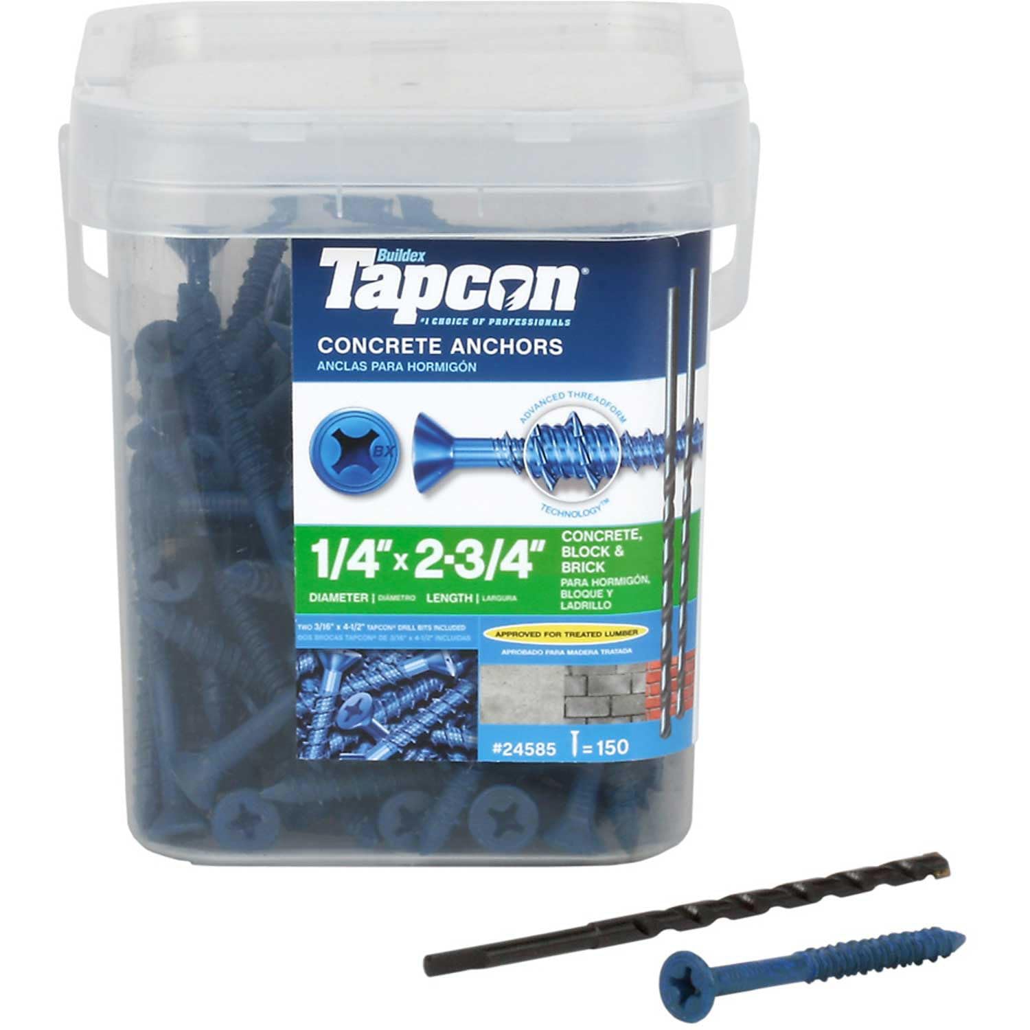 Tapcon 28585 1/4x2-3/4 Blue Star Drive - Anclajes de concreto con cabeza de buey 150/caja