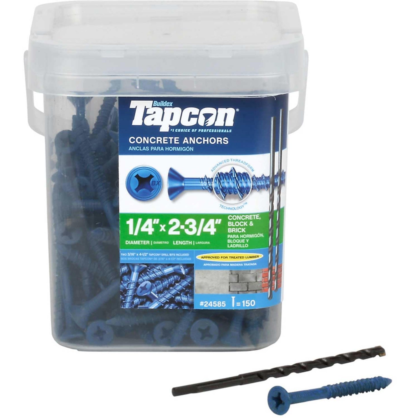 Tapcon 28585 1/4x2-3/4 Blue Star Drive - Anclajes de concreto con cabeza de buey 150/caja