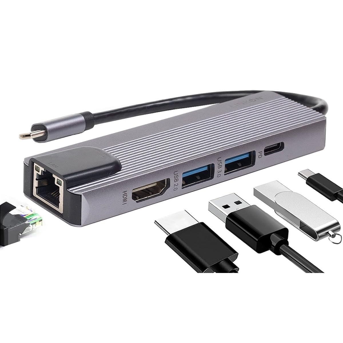 LINKON - Hub USB C Adaptador USB a Tipo C HDMI 4K, Ethernet Red RJ45 100Mbps, 2 Puertos USB 3.0, Carga Rápida 87W PD, Docking Station, Adaptador de Red (RJ45 5 en 1 100 MBps)