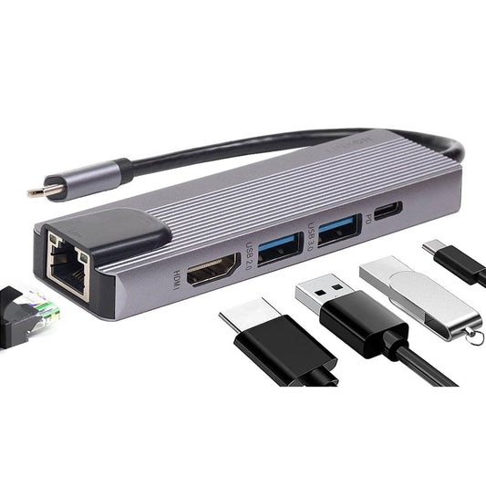 LINKON - Hub USB C Adaptador USB a Tipo C HDMI 4K, Ethernet Red RJ45 100Mbps, 2 Puertos USB 3.0, Carga Rápida 87W PD, Docking Station, Adaptador de Red (RJ45 5 en 1 100 MBps)
