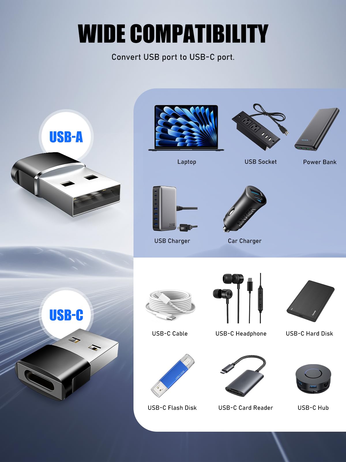 Adaptador USB a USB C TiMOVO Negro con Luz LED Carga Rápida