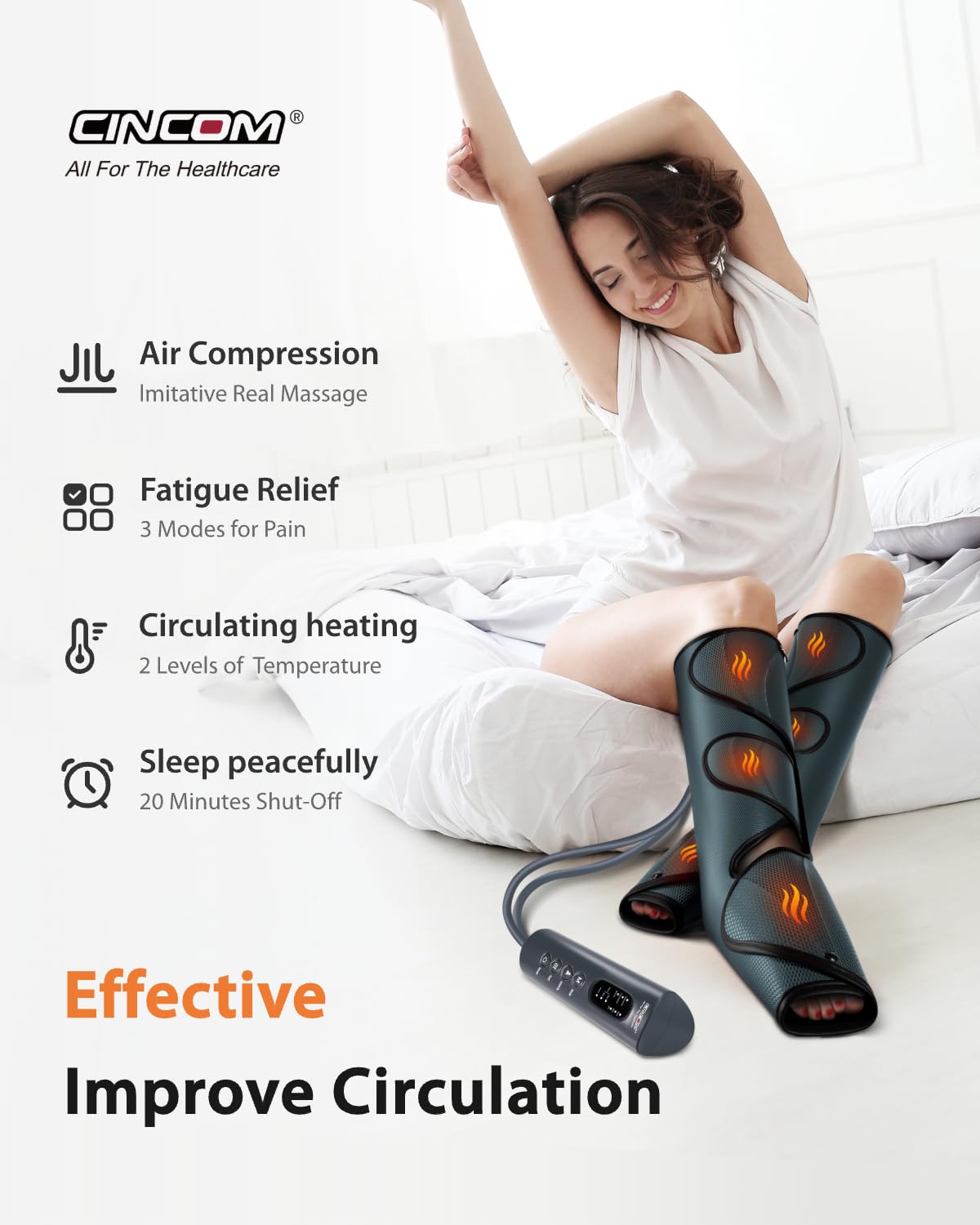 CINCOM Masajeador de pies y piernas con calor, masajeador de compresión de aire para circulación y relajación muscular, 3 modos, 3 intensidades, 2 calentamientos súper silenciosos