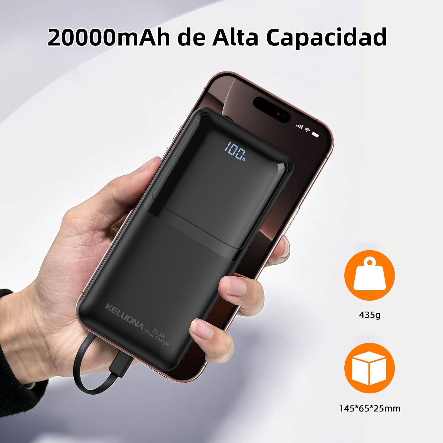 KELUONA Power Bank 20000mAh, Batería Portátil con Carga Rápida PD/QC 22.5W, 2 Puertos USB-C, Compatible con iPhone Samsung Xiaomi Huawei, Negro