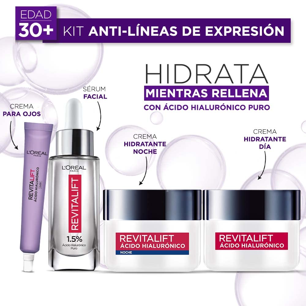 L'Oréal Paris Kit con Serum Facial, Crema de día, Crema de noche y Crema de Ojos, Revitalift Ácido Hialurónico + Gel Limpiador Facial Revitalift Ácido Hialurónico, 150 ml