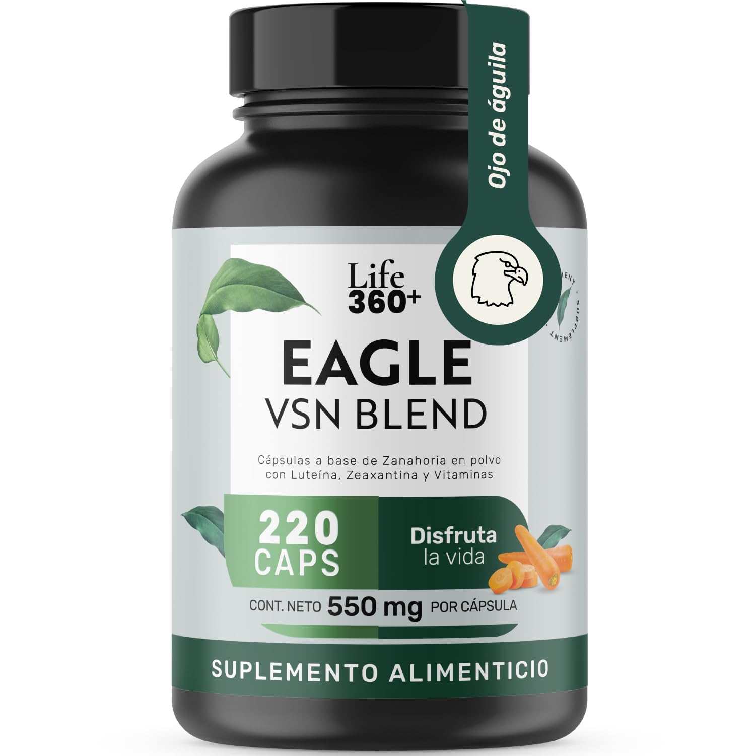 Life 360+ EAGLE VSION BLEND | 220 Cápsulas 1100 mg por porción. Cápsulas a base de zanahoria en polvo, Luteína, Zeaxantina, Vitamina A, C, E y Zinc.
