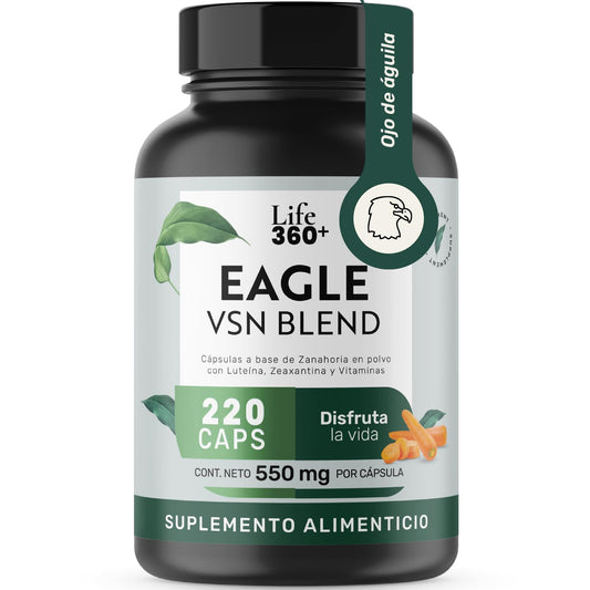 Life 360+ EAGLE VSION BLEND | 220 Cápsulas 1100 mg por porción. Cápsulas a base de zanahoria en polvo, Luteína, Zeaxantina, Vitamina A, C, E y Zinc.