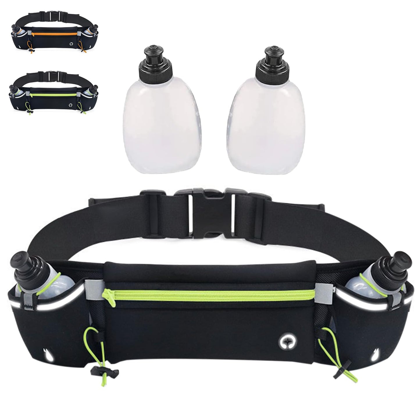 Cangurera Deportiva, Riñonera Deportiva con 2 Botellas de Agua, Riñonera Impermeable Reflectante con Cinturón Regulable, Ideal para Ciclismo, Correr, Deportes al Aire Libre. (1, Verde, Medium)