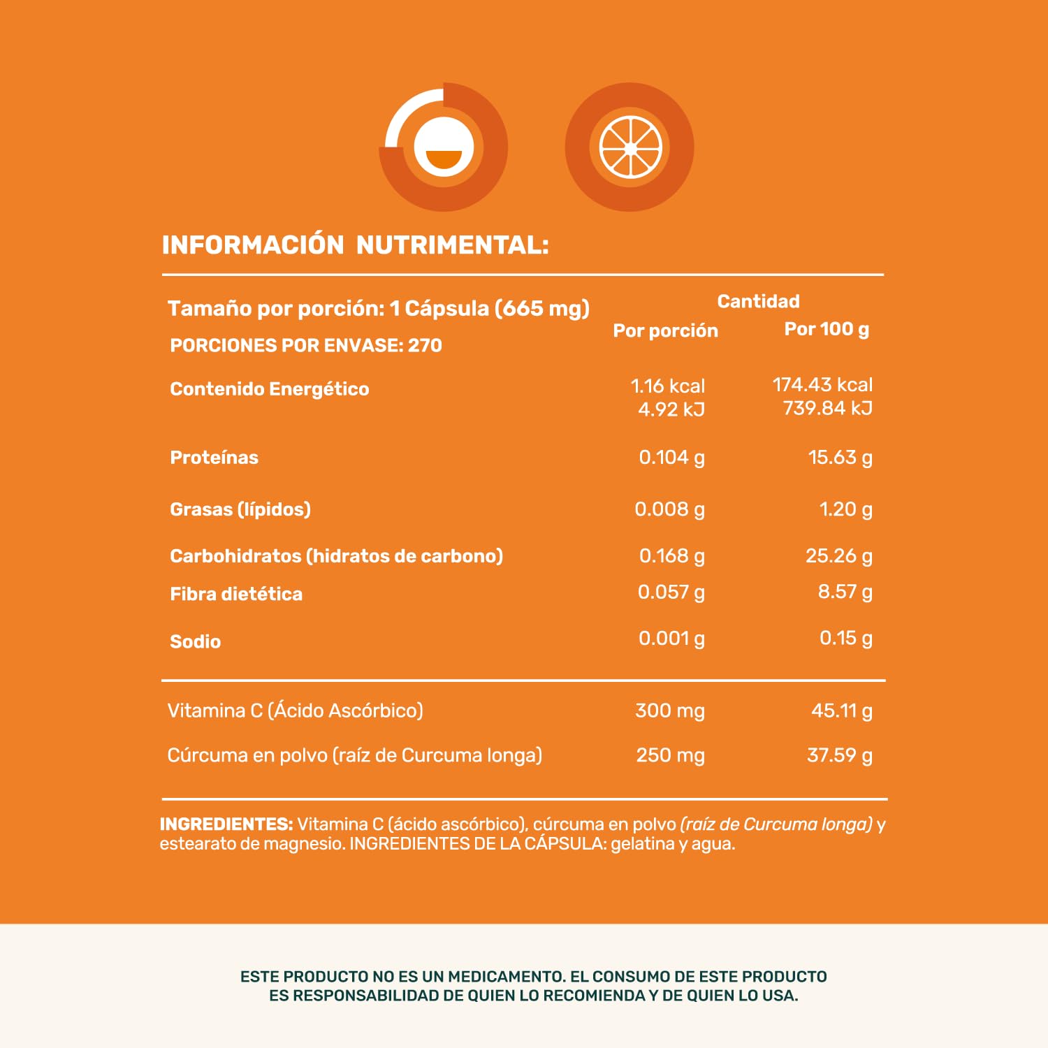 LIFE 360+ Vit C+ Turmeric | 270 Cápsulas | Ácido Ascórbico, Cúrcuma en Polvo Raíz de Cúrcuma y Estearato de Magnesio | Suplemento Alimenticio Vitamina C | Cápsulas de Gelatina | 270 Porciones