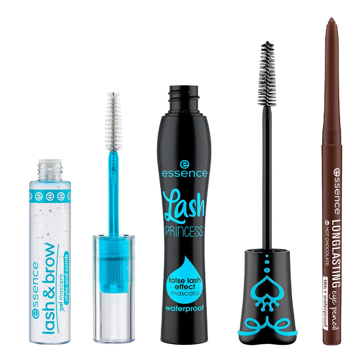 essence - Pack de Maquillaje para Ojos: Máscara Lash Princess Waterproof 12 ml + Lash & Brow Gel 9 ml + Lápiz Long-Lasting 0.28 g, Volumen, Definición y Precisión de Larga Duración (Hot Chocolate)