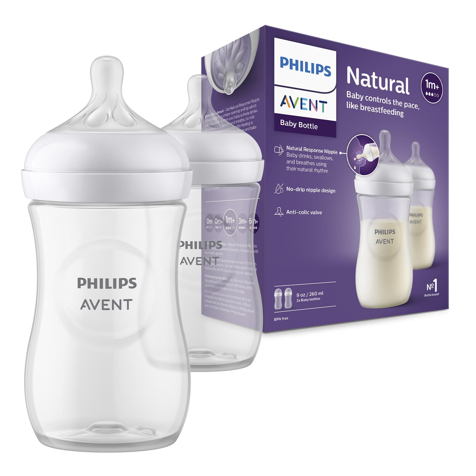 Biberón Philips Avent Natural Response Anticólicos 9 oz Flujo Medio, Pack de 2
