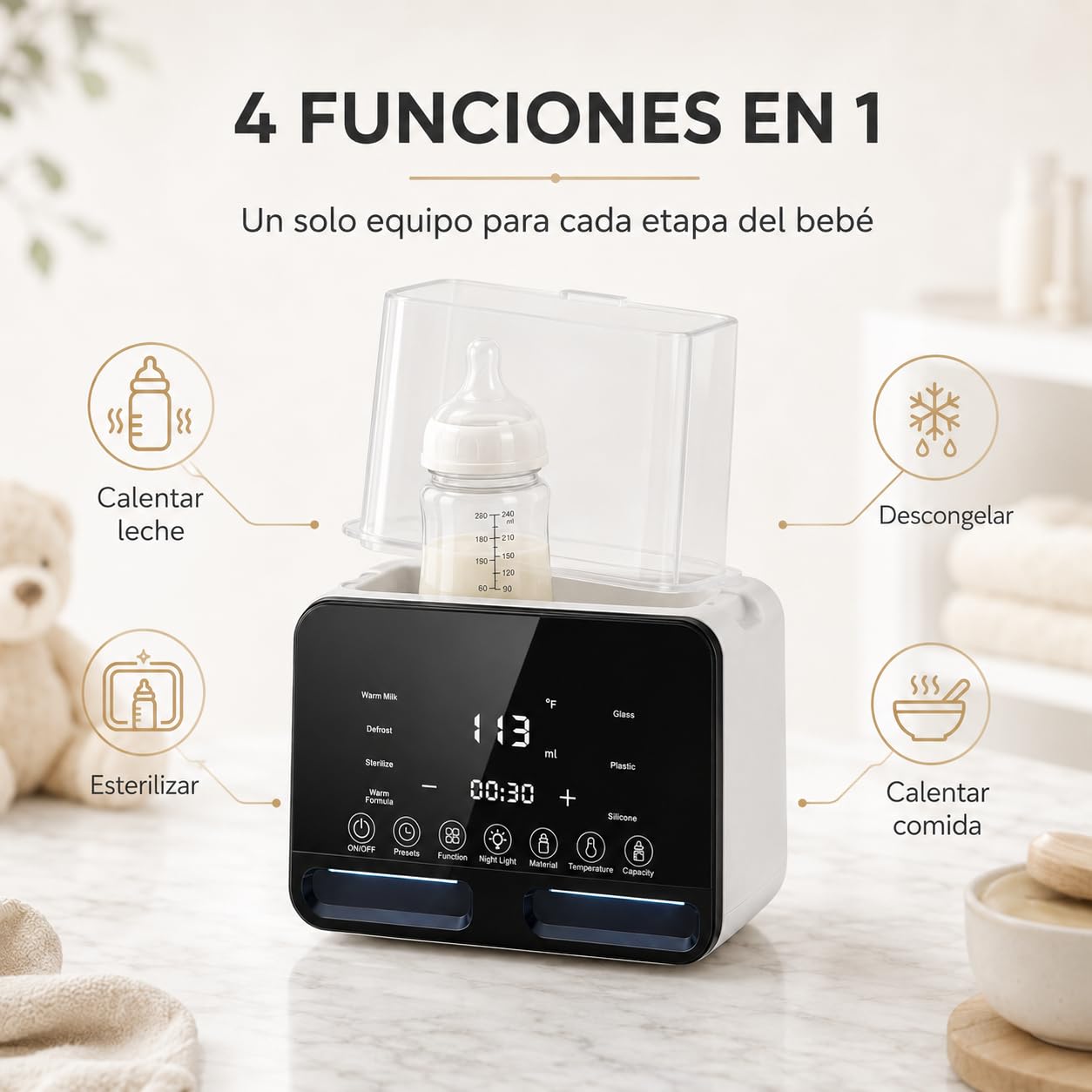 Esterilizador y Calentador de Biberones 6 en 1, Secador de Vapor para Bebé, Capacidad 2 Mamaderas, Pantalla LED Táctil, Control Preciso de Temperatura, Descongelación, Secado, Mantener Calor