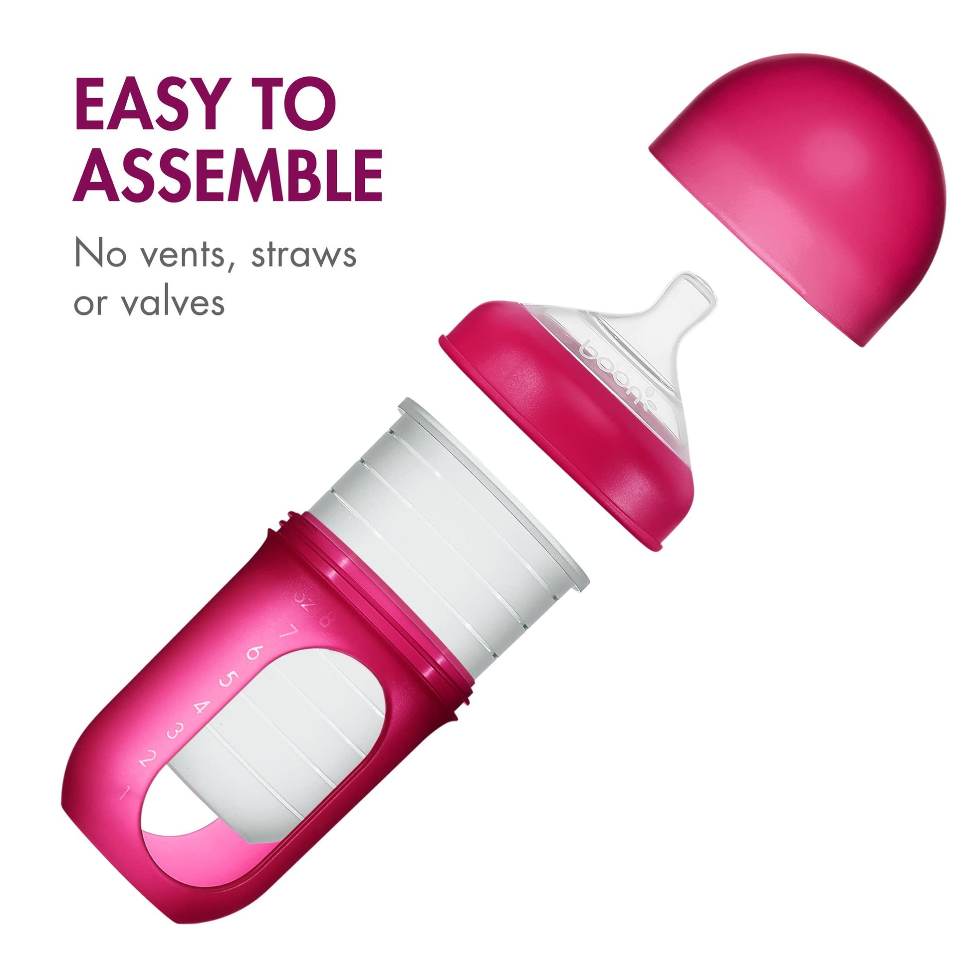 Boon Nursh - Bolsa de silicona reutilizable para biberones – Pezón de flujo medio – Bolsa de silicona para biberones y pezones – Esenciales para la alimentación del bebé – Rosa – 3-6 meses – 3