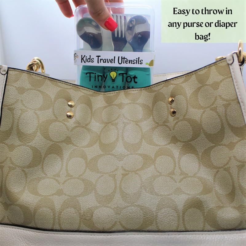 Juego de utensilios de viaje para niños con práctica funda de transporte. Incluye tenedor, cuchara universal y cuchara ergonómica para diestros. Asas de fácil agarre, utensilios de acero inoxidable