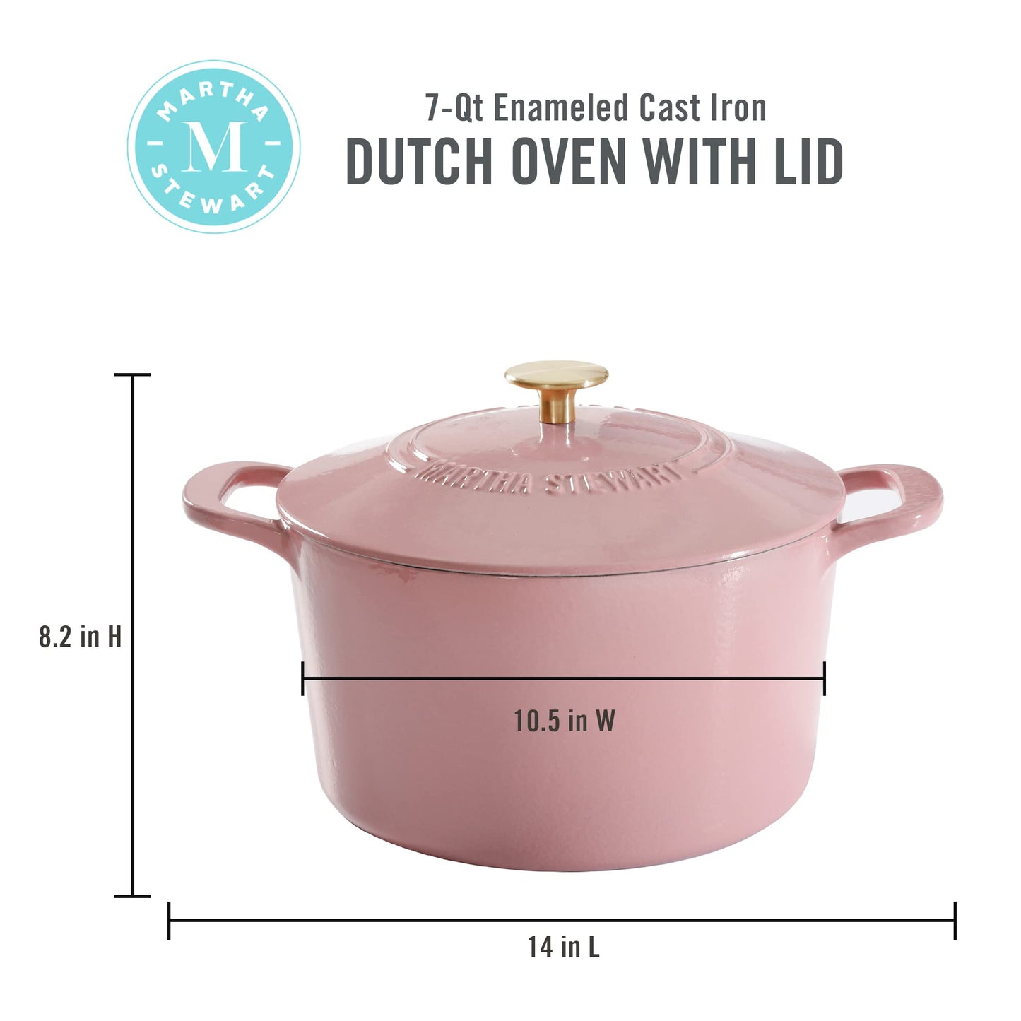 MARTHA STEWART Gatwick - Olla para horno holandesa de hierro fundido esmaltado de 7 cuartos con tapa, color rosa