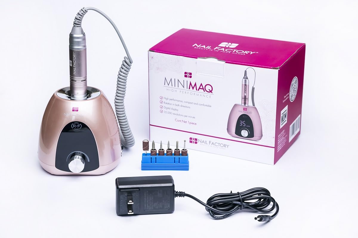 NAIL FACTORY - Mini Maq Pro II de Alto Rendimiento, Pulidor de Uñas Eléctrico, 35 000 RPM, Rotación Bidireccional, Rosa, con 6 Puntas Profesionales