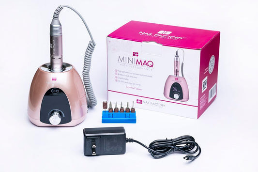NAIL FACTORY - Mini Maq Pro II de Alto Rendimiento, Pulidor de Uñas Eléctrico, 35 000 RPM, Rotación Bidireccional, Rosa, con 6 Puntas Profesionales