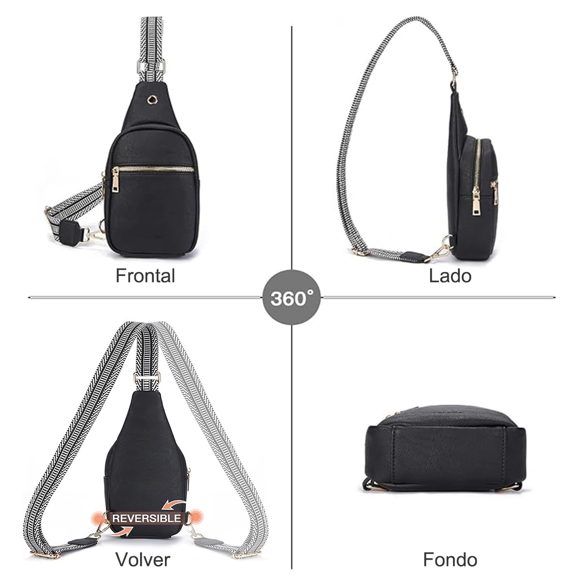 Riñonera Moda Deportiva de Piel Negra con Correa Ajustable para Mujer