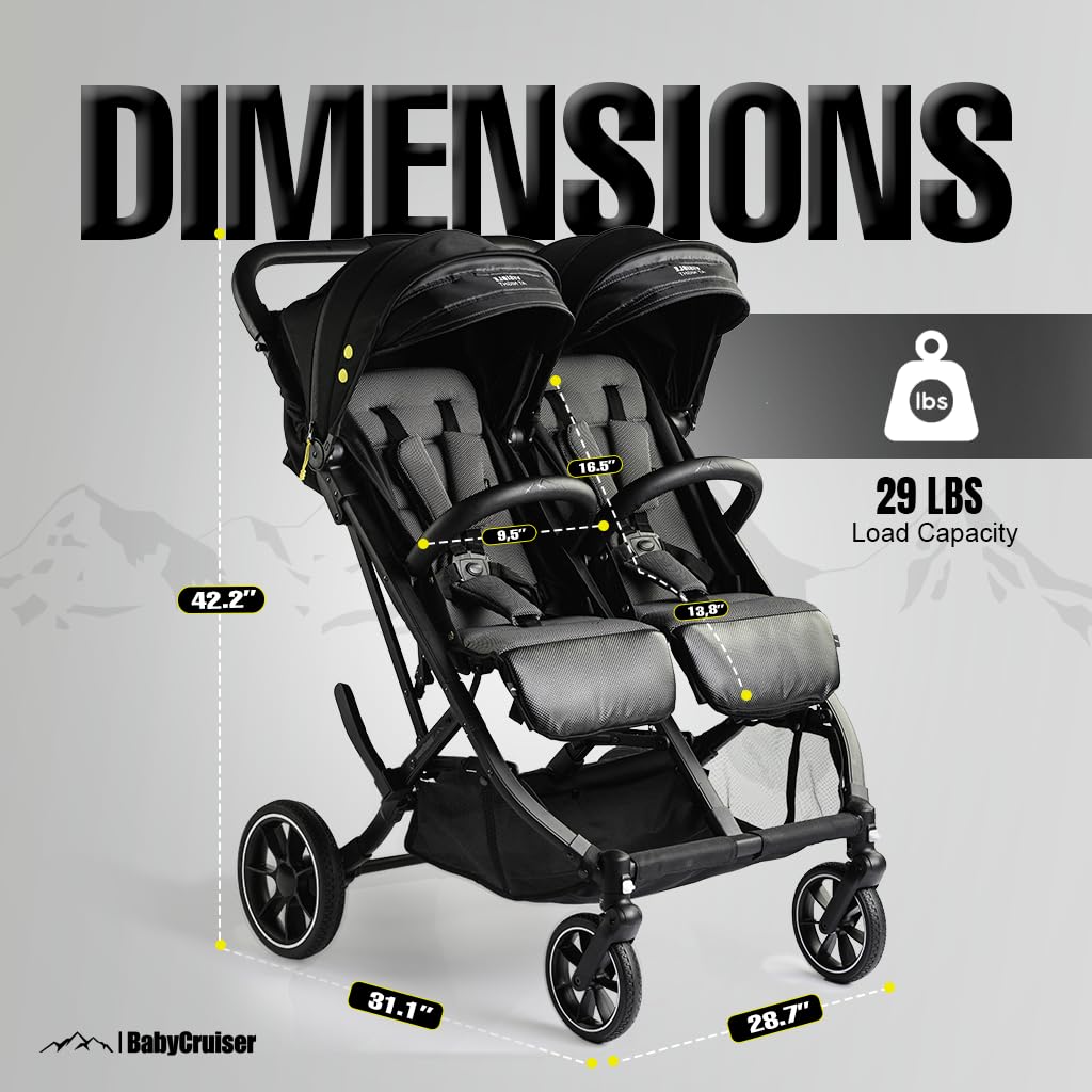 BabyCruiser - carriola doble para recién nacidos y niños pequeños, ruedas giratorias, plegado con una mano, tamaño compacto, ligero y doble carriola desde el nacimiento hasta 40 libras por asiento