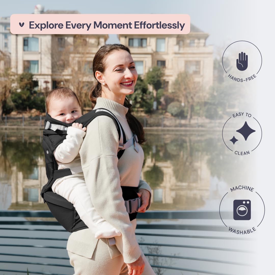 BabbleRoo - Portabebés 6 en 1 con asiento de cadera, ergonómico, acogedor y ajustable, 7-50 libras con soporte para cadera y lumbar, capucha para protección solar, portabebés recién nacido a niño