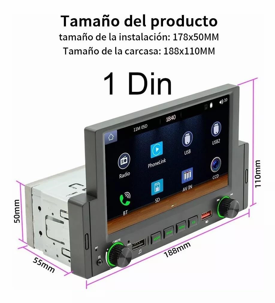 FINYQBET Estéreo para Auto con Pantalla ，Pantalla para Auto 6.2in 1din Carplay Carlife D-Play Mp5+Camara 12 LED Cámara Trasera Radio FM AUX admite MP3 externos, teléfonos móviles