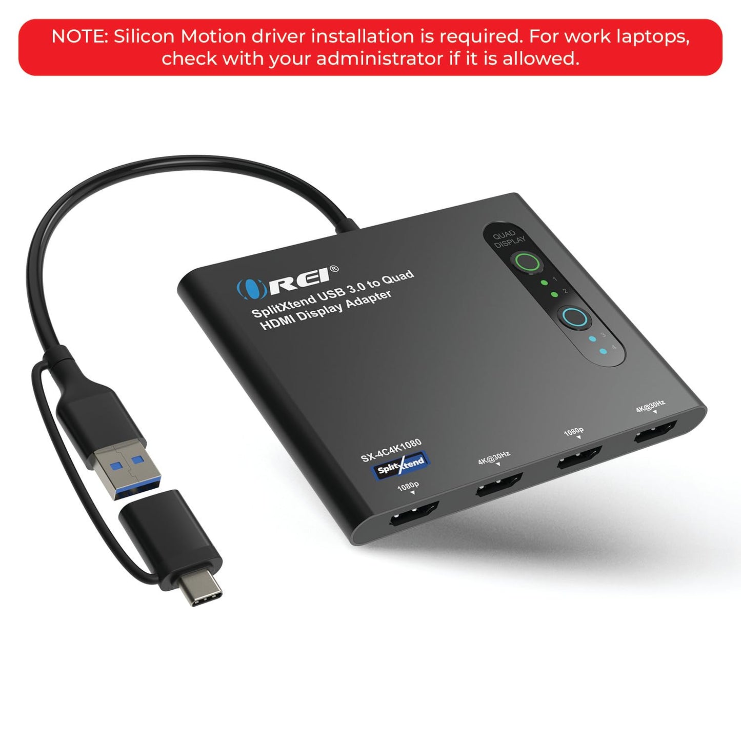 Adaptador USB-C a HDMI 2.0 OREI Negro con Visualización Extendida para Monitor Cuádruple, Salidas 4K@30Hz, para Multimonitor 5 Pantallas Separadas