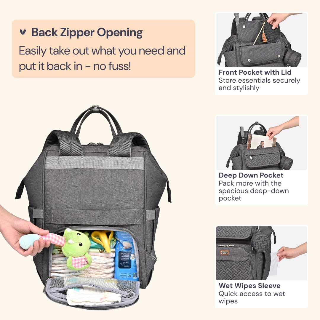 BabbleRoo Mochila para pañales, bolsas grandes multifunción con cambiador, correas de carriola y funda para chupete, unisex, elegante, bolsa para cambiar pañales para mamás y papás (gris oscuro)