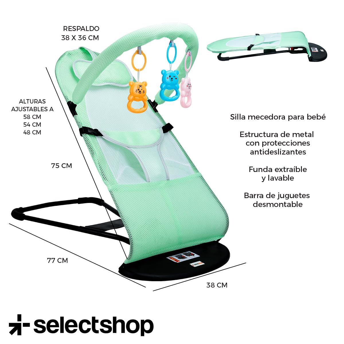 Silla Mecedora Portátil SELECTSHOP Verde con Asiento Transpirable y Cómodo para Bebé