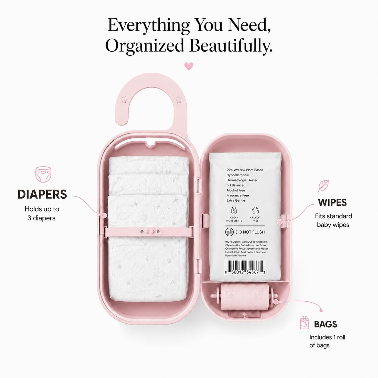 Keepigo| Dispensador de toallitas para pañales rosa para bebé, organizador portátil 3 en 1, soporte para toallitas para bebés con bolsas desechables, artículos esenciales para bebés recién nacidos